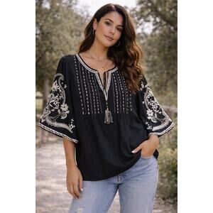Sundance Embroidered Boho Top XL Black Beaded Peasant Blouse Festival Cottage
